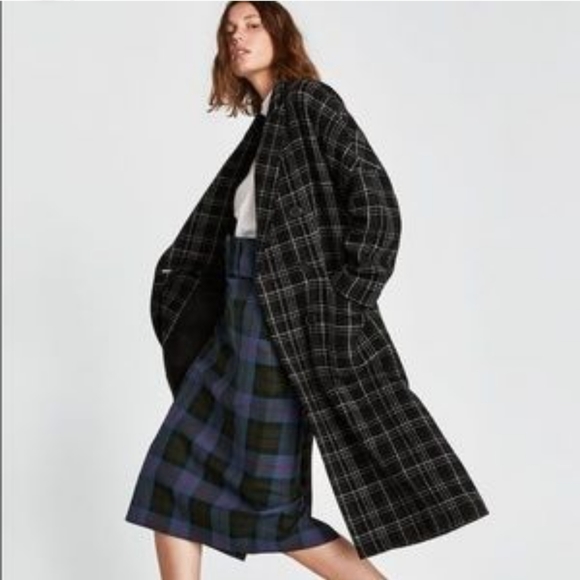 Zara Long Plaid Tartan Checkered Coat Jacket - Picture 2 of 10